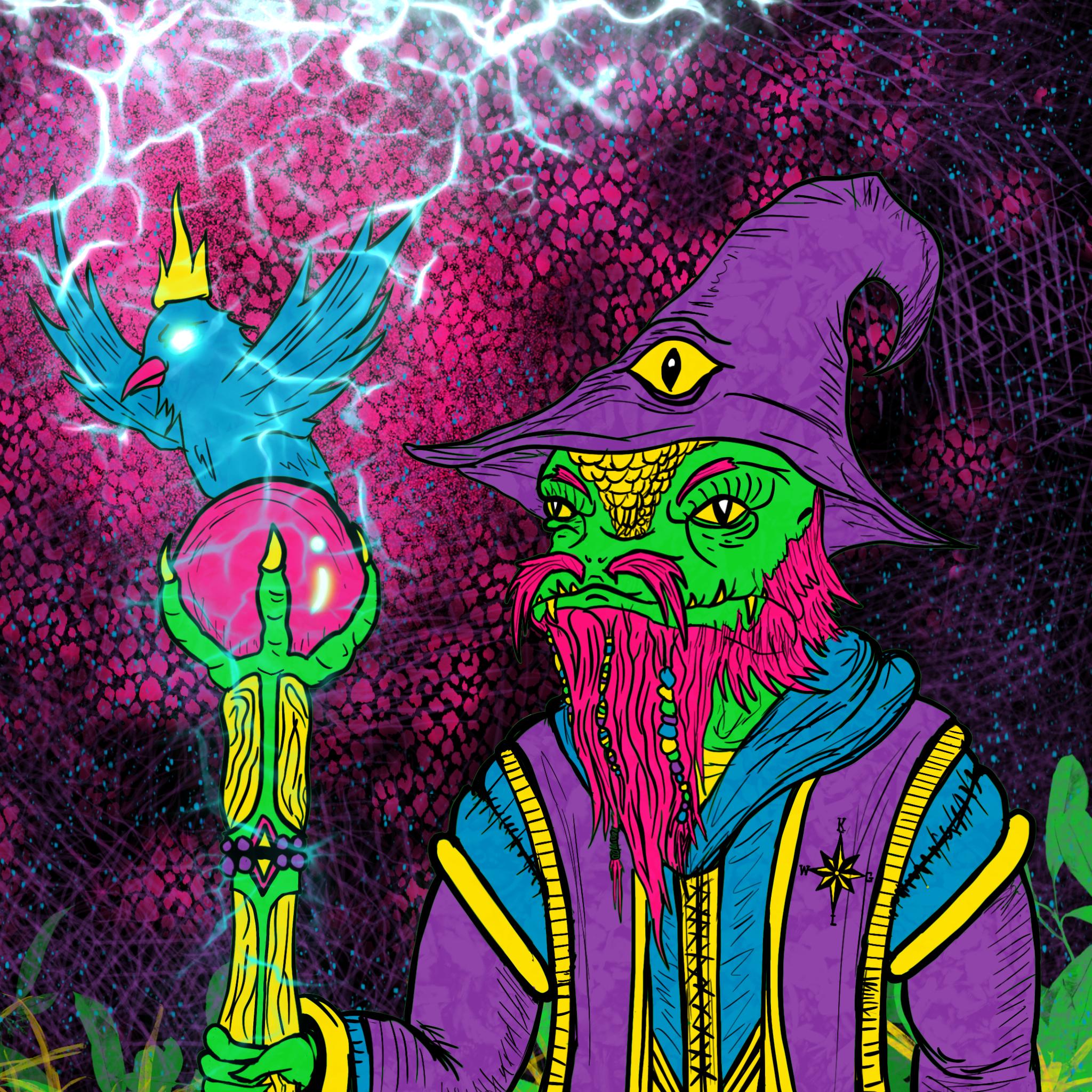 Illustration of a reptilian wizard holding a staff