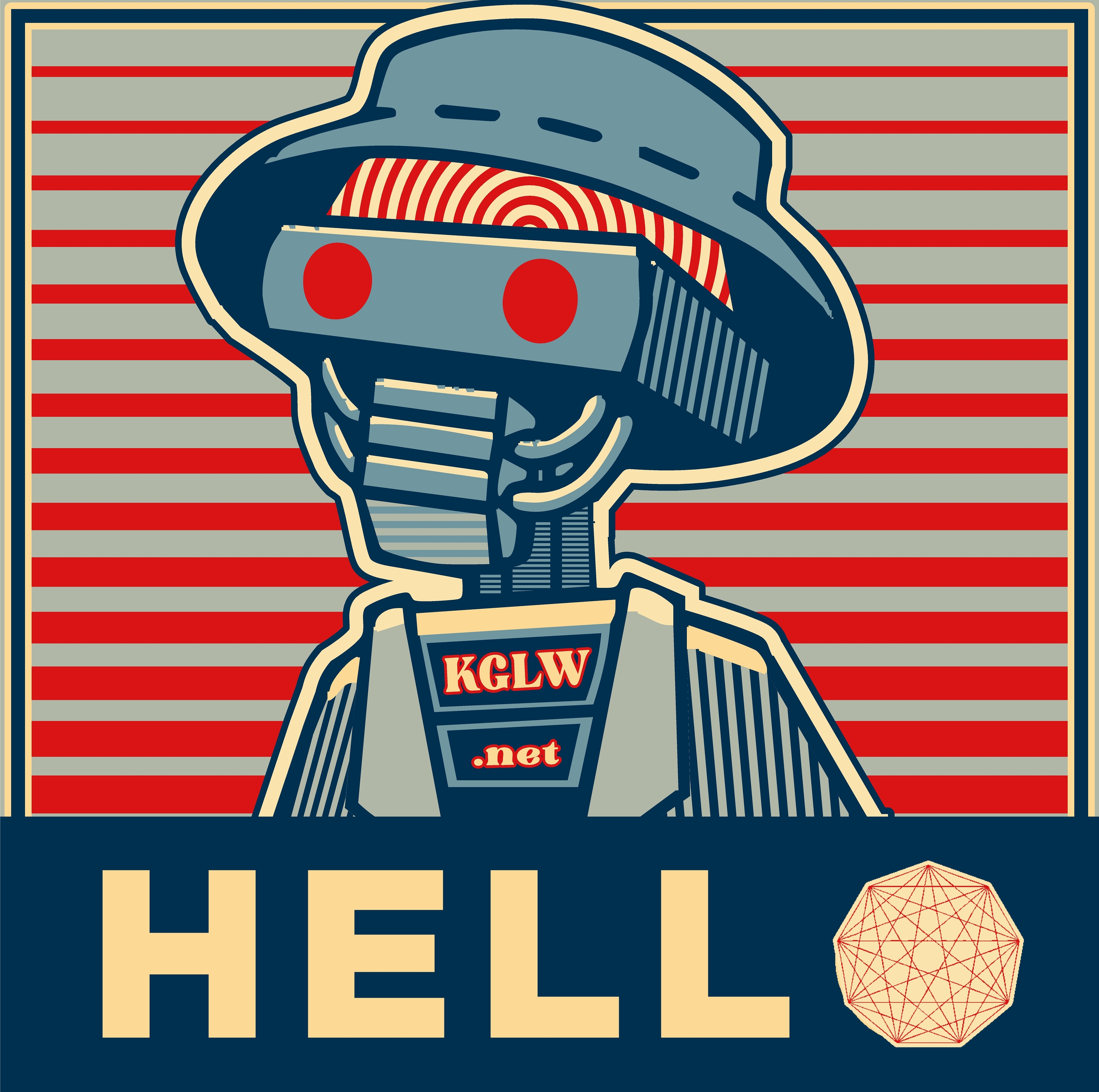 illustration of Han-Tyumi in the style of Shephard Fairey, with 'HELLO' below including a nonagon