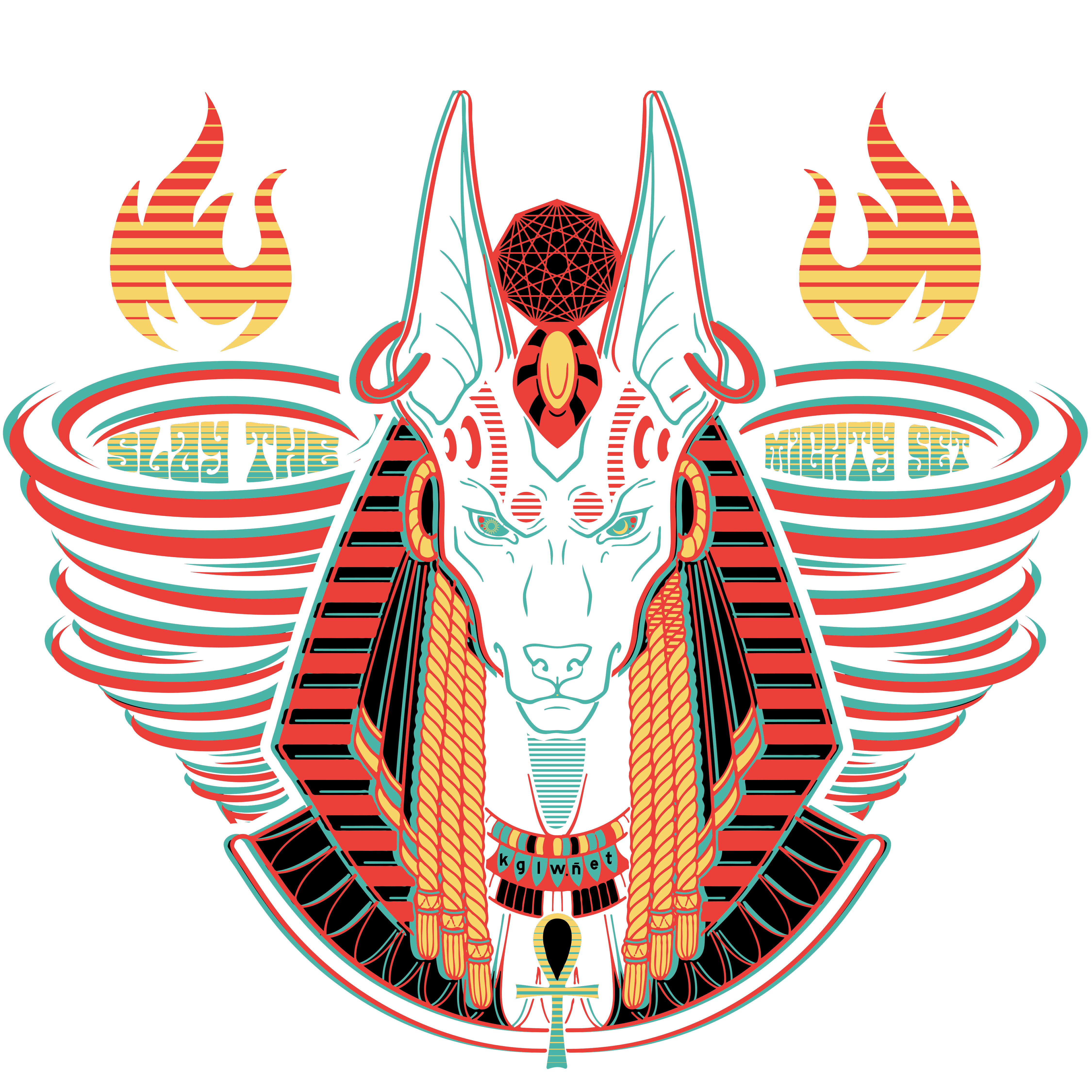 image featuring bust of Egyptian god Set with Nonagon head disk and 'kglw.net' necklace, flanked by pillars reading 'SLAY THE MIGHTY SET'