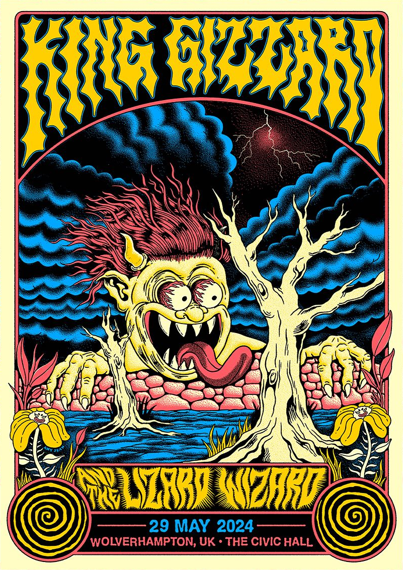 poster art by Amy Jean: giant horned monster peering over a wall with tongue hanging out; dead trees in foreground; lightning bolt in stormy sky