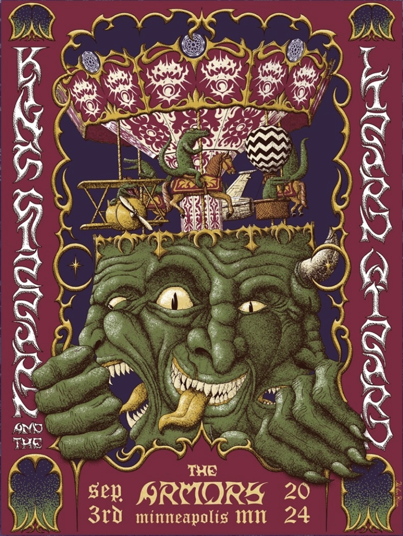 poster art by Job van Rijen. A merry-go-round ridden by gators emerges from the head of a three-faced green demon.