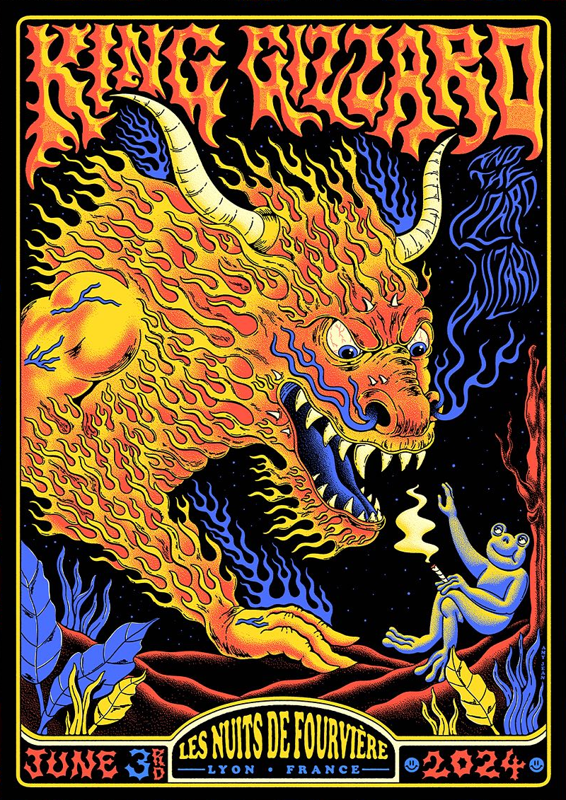 poster art by Amy Jean: minotaur slash dragon made of fire descends upon a stoned toad